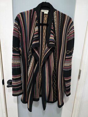 Orvis Multicolor Black Open Front Sweater Women’s Large Patterned Cardigan